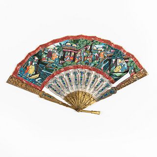Gilt and Painted Paper Chinese Fan