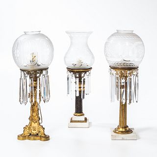 Three Brass and Glass Prismed Oil Lamps.