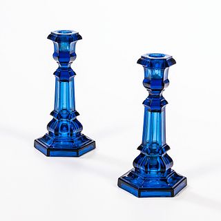 Pair of Cobalt Pressed Glass Candlesticks