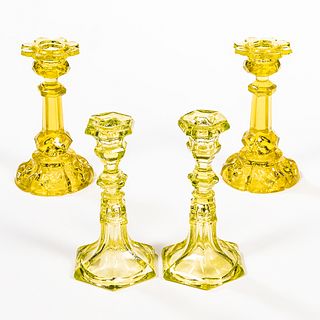 Two Pairs of Yellow Pressed Glass Candlesticks