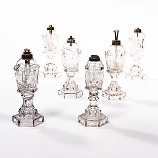 Six Colorless Sandwich Glass Lyre Lamps