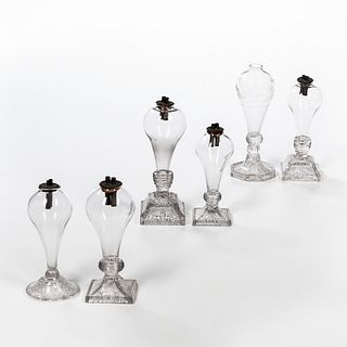 Six Colorless Lacy Base Blown Font Whale Oil Lamps
