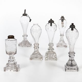 Six Colorless Etched Glass Whale Oil Lamps
