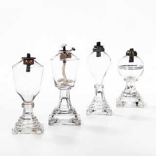 Four Stepped Base Colorless Sandwich Glass Whale Oil Lamps