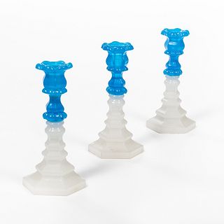 Three Sandwich Glass Clambroth and Turquoise Candlesticks