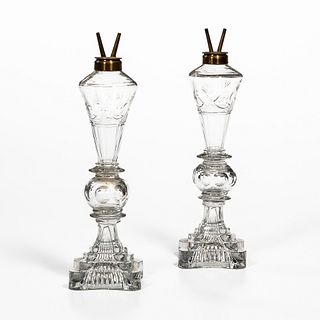 Pair of Etched Colorless Sandwich Glass Fluid Lamps