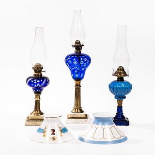 Three Colored Glass Lamps with Shades