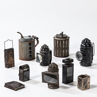 Two Tin and Glass Oil Cans and Nine Hand Lanterns