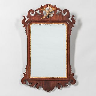 Mahogany Veneer Scroll Frame Mirror with Gilt Phoenix