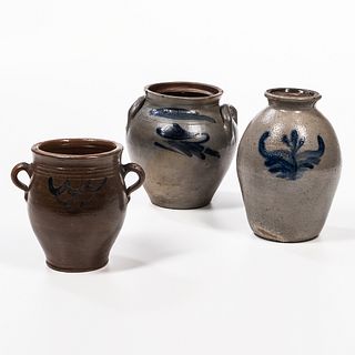 Three Cobalt Decorated Stoneware Jars