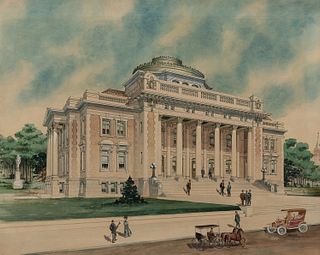 Watercolor Architectural Drawing of a Library or Civic Building