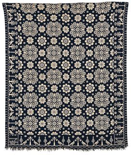Blue and White Woven Wool Coverlet