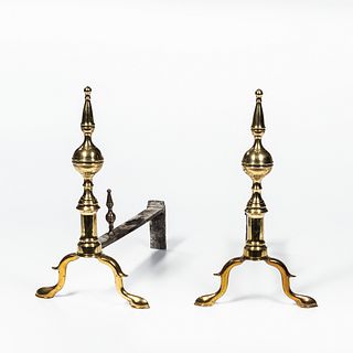 Pair of Brass and Iron Steeple-top Andirons