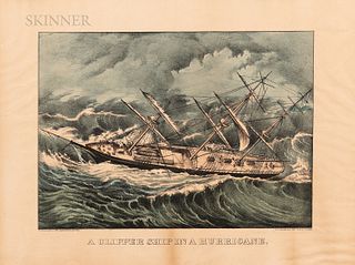 Lithograph A Clipper Ship in a Hurricane in an Elaborate Carved Cherry and Mahogany Frame