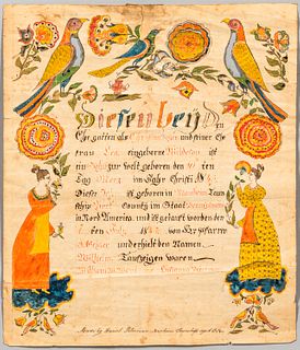 Pen, Ink, and Watercolor Birth and Baptismal Fraktur