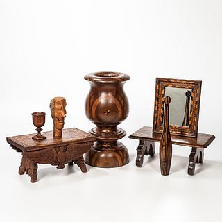 Parquetry Frame, Urn, Juggling Pin, Cup, Carved Sculpture and Two Stools