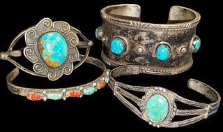 Four Southwestern OLD PAWN Native American Sterling Silver and Turquoise Cuff Bracelets