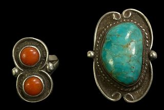 Two Native American Sterling Silver Rings with Turquoise and Coral 