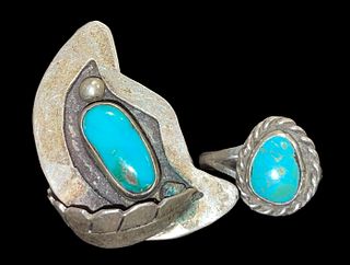 Two Native American Southwest Sterling Silver and Turquoise Rings