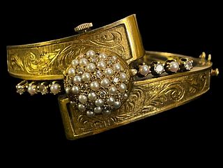 PAUL PORTINOUX 14k Gold Diamond Pearl Bracelet Watch