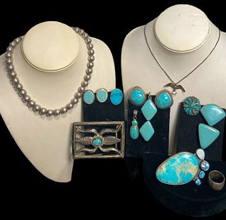 Collection NAVAJO Native American &  Mexican 925 950 Sterling Silver Turquoise Earrings Pendant Buckle