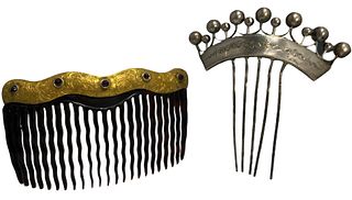 14k Gold & Garnet and Silver 19th C Victorian Hair Combs 