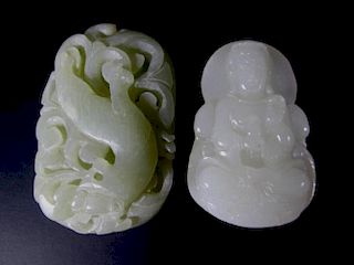 TWO FANTASTIC CHINESE HARDSTONE CARVED PENDANTS