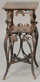 Fancy wicker stand with oak top and shelf, early 20th century. ht. 29 1/2", top: 13" x 13"