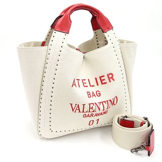Valentino Garavani 2WAY Tote Bag Atelier VW2B0H86 Ivory Red Canvas Leather Shoulder Ladies Studs