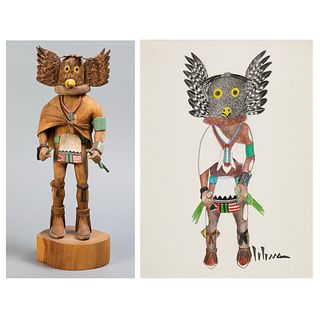 Charles Loloma + Orrin Honhongva: Drawing and Katsina Pair: Mongwa (Great Horned Owl), 1987