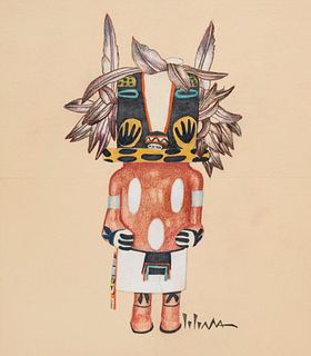Charles Loloma, (Hopi, 1921 - 1991), Untitled (Katsina Drawing), colored pencil on board, 13 7/8 x 11 7/8 in. (35.24 x 30.16 cm.)