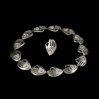 Charles Loloma + Pierre Touraine, Silver Badger Paw Jewelry Pair: Medium Silver Badger Paw Ring + Silver Badger Paw Necklace