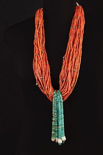 Pueblo, Thirty Strand Coral Necklace with Turquoise Jaklas