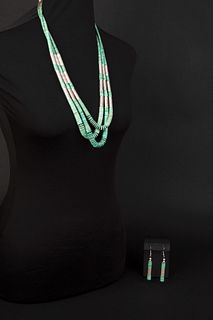 Tony Aguilar (San Ildefonso, 20th Century), Turquoise and Silver Necklace and Matching Earrings