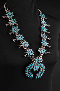 Zuni Dishta, Silver and Turquoise Squash Blossom Necklace