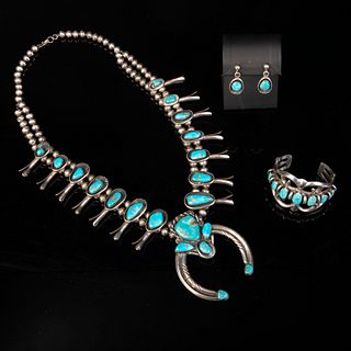 Dine [Navajo] Squash Blossom Necklace with Cuff and Earrings