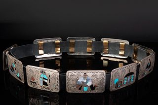 Benjamin Becenti, Multi-Stone Inlay and Sterling Silver Storyteller Concho Belt, ca. 1970