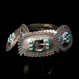 Sedalio Fidel Lovato, Concho Belt with Nine Turquoise Cluster Inlay, ca. 1970