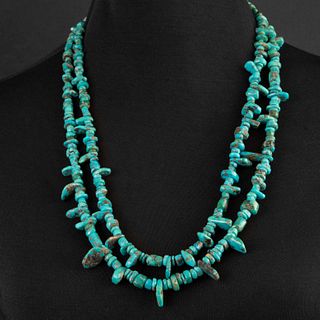 Attrib. to Charles Loloma, Pueblo/Style Two Strand Turquoise Tab Necklace with Gold Ends