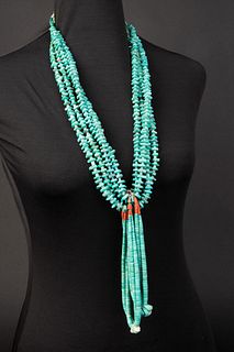 Pueblo, Four Strand Turquoise Tab Necklace with Jaklas, ca. 1930