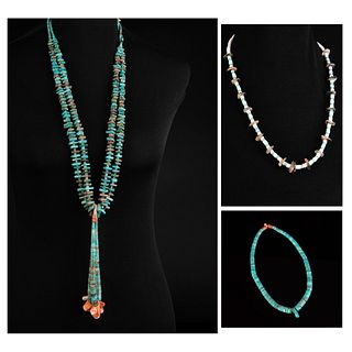 Group of Three Miscellaneous Turquoise and Shell Jewelry: Turquoise Double Strand Necklace with Additional Decorative Loops + Turquoise and Shell Heis