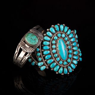 Dine [Navajo]/Zuni + Fred Harvey, Pair of Dine [Navajo] Silver and Turquoise Cuffs: Turquoise Multi-Stone Cuff, ca. 1950s + Silver and Turquoise Cuff 