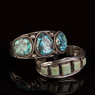 Dine [Navajo], Pair of Silver and Turquoise Cuff Bracelets: Silver and Turquoise Cuff Bracelet, ca. 1990s + Silver and Turquoise Cuff Bracelet, ca. 19