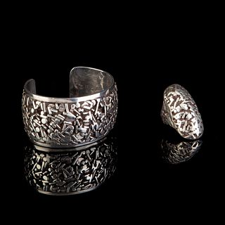 Carmelo Patania, Pair of Contemporary Freeform Pattern Silver Jewelry: Multi Pattern Cuff Bracelet + Multi Pattern Ring