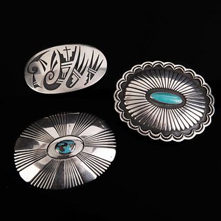 Dine [Navajo] + Emery Holmes, Group of Three Silver Belt Buckles: Silver and Turquoise Belt Buckle, ca. 1980s + Silver and Turquoise Belt Buckle, ca. 
