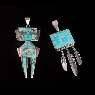 Ray Tracey, Pair of Silver and Turquoise Pendants: Katsina Inlay Pendant + Turquoise and Silver Feather Pendant