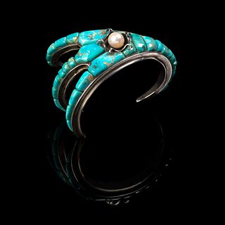 Ben Nighthorse Campbell, Turquoise, Silver and Pearl Claw Cuff, ca. 1970