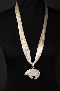 Southwest Style, Unsigned Silver Manufactured Heishi Necklace with Turquoise and Silver Bear Pendant