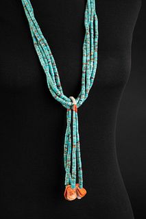Santo Domingo, Four Strand Natural Turquoise and Coral Necklace with Jaklas