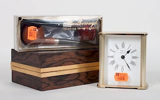Tiffany clock, wood box, and pair of pipes